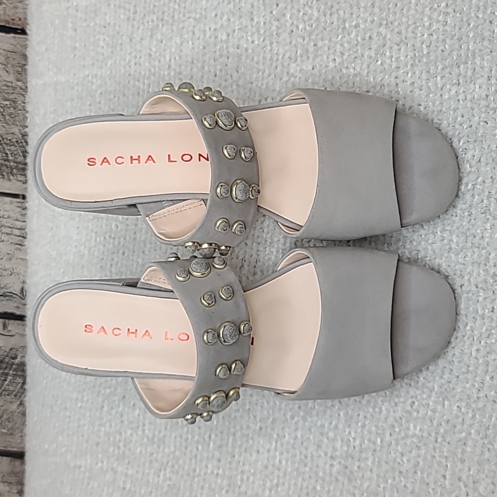 Sacha London Nina Suede Thick Double Strap Open Toe Chunky Heel Sandal in Gray